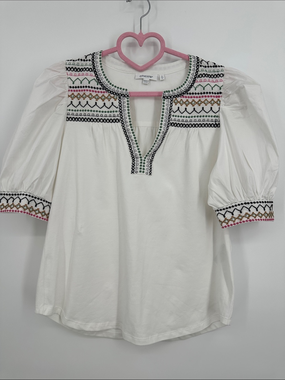 Chico's White Embroidered Peasant Tunic with Multicolor Accents